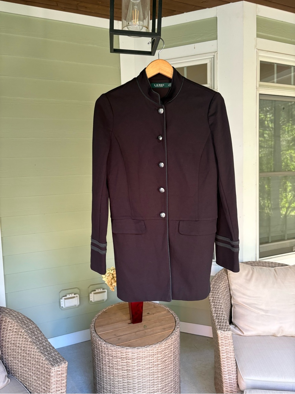Lauren Ralph Lauren Black Military-Style Long Jacket with silver buttons